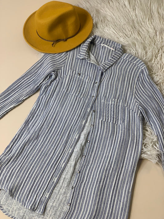 Blue & White Stripe Menswear Button Up Tunic