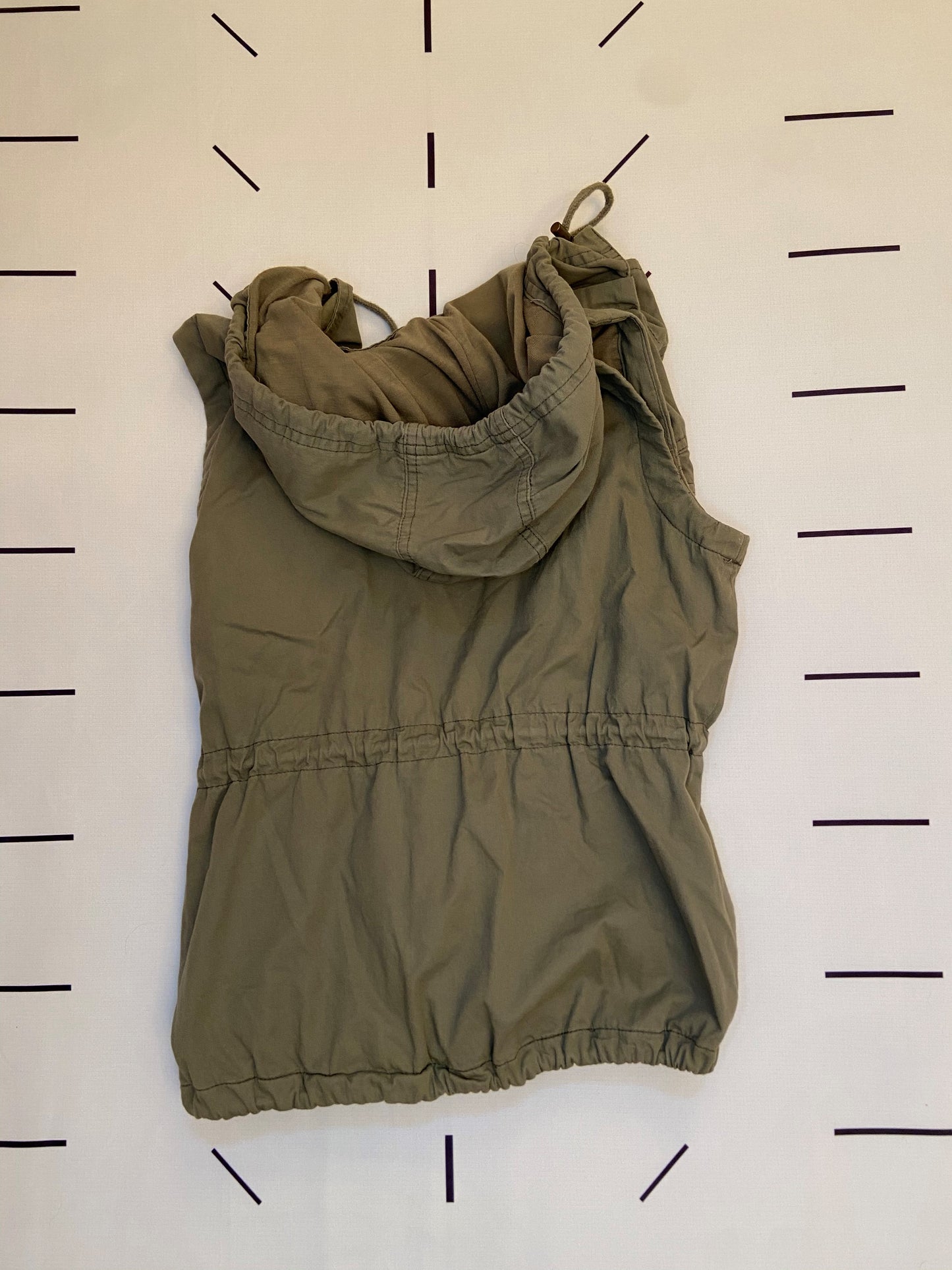 Olive/Army Green Sleeveless Utility Vest Removable Hood Zip Front Snaps - S