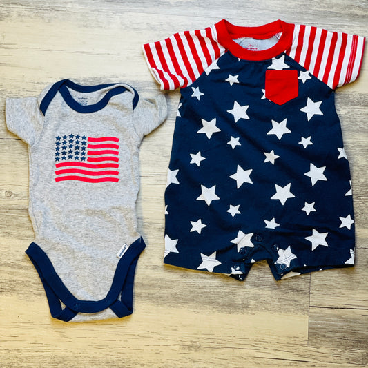 Stars and Stripes Romper Onesie and American Flag Onesie - 0/3 Months