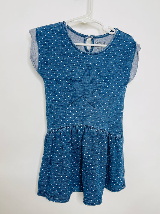 Blue Denim Look Star Polka Dotted Dress - 4T