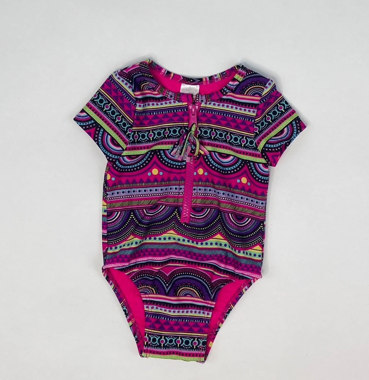 Aztec Zipper Tassel Short Sleeve One Piece Swimsuit - 12 Months
