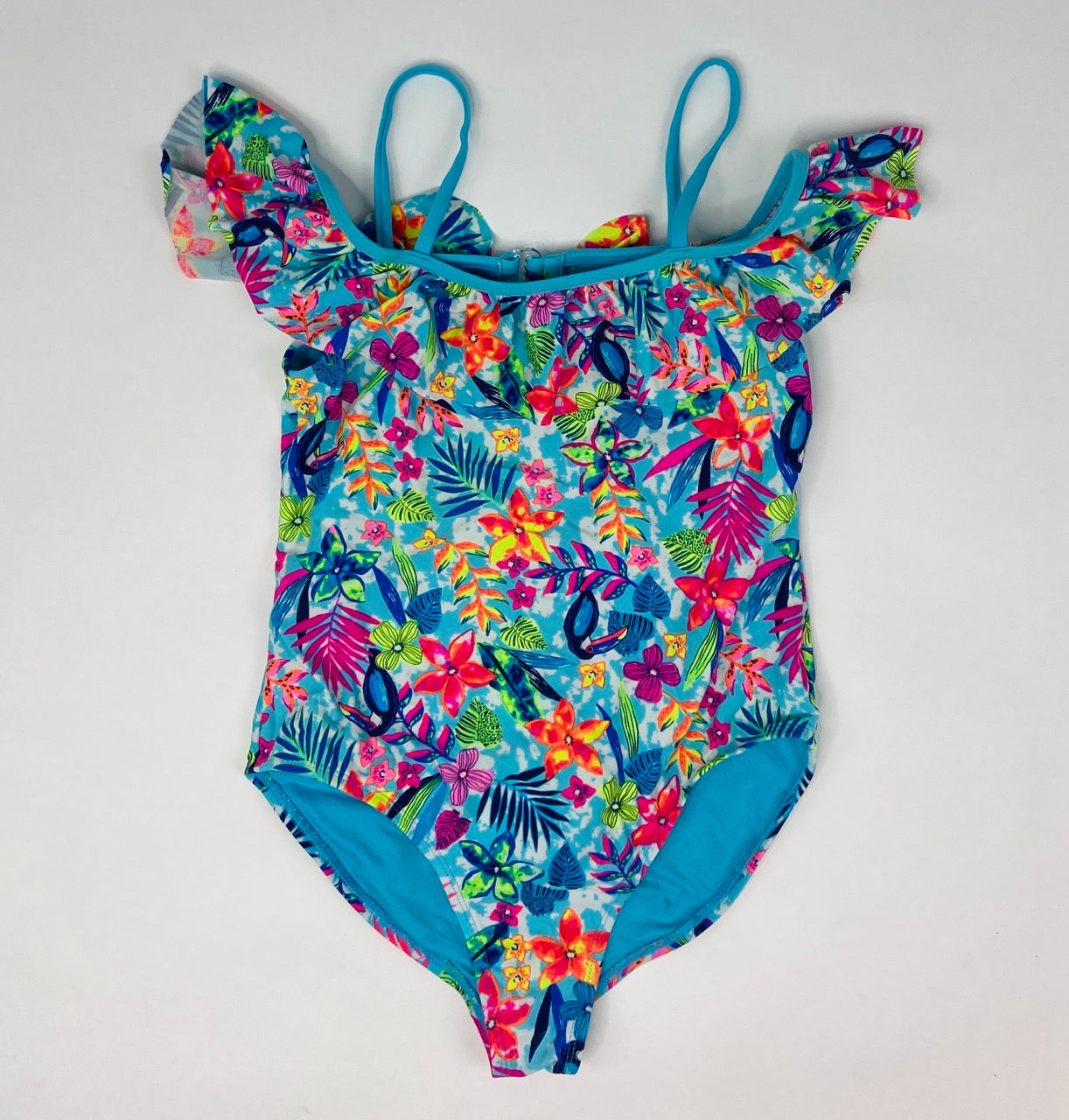 Tropical Ruffle Top Off-the-shoulder One-Piece Swimsuit- Youth XL (14/16