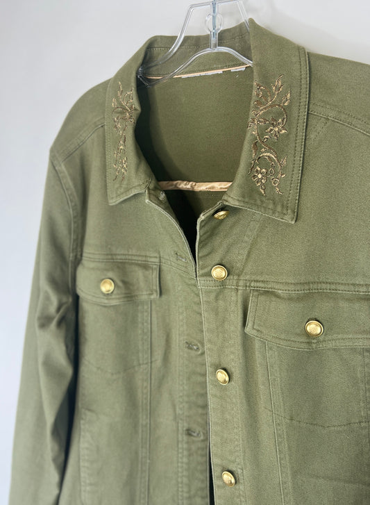 Olive Green Button Front Pocketed Embroider Detail Jacket - 1X