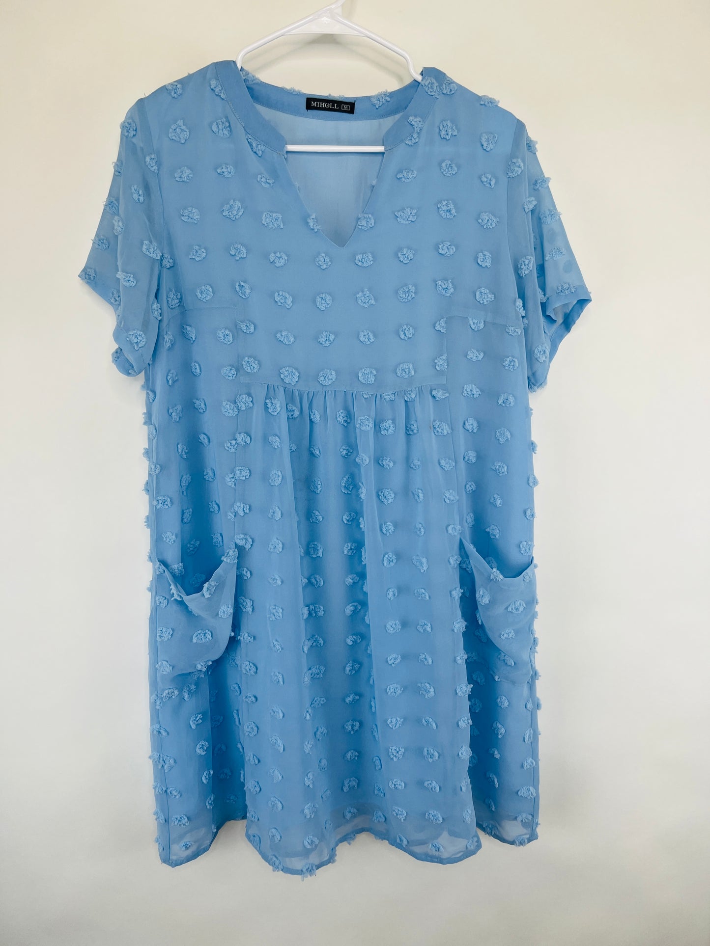 Light Blue Pocket Short Sleeve Babydoll Mini Dress - M