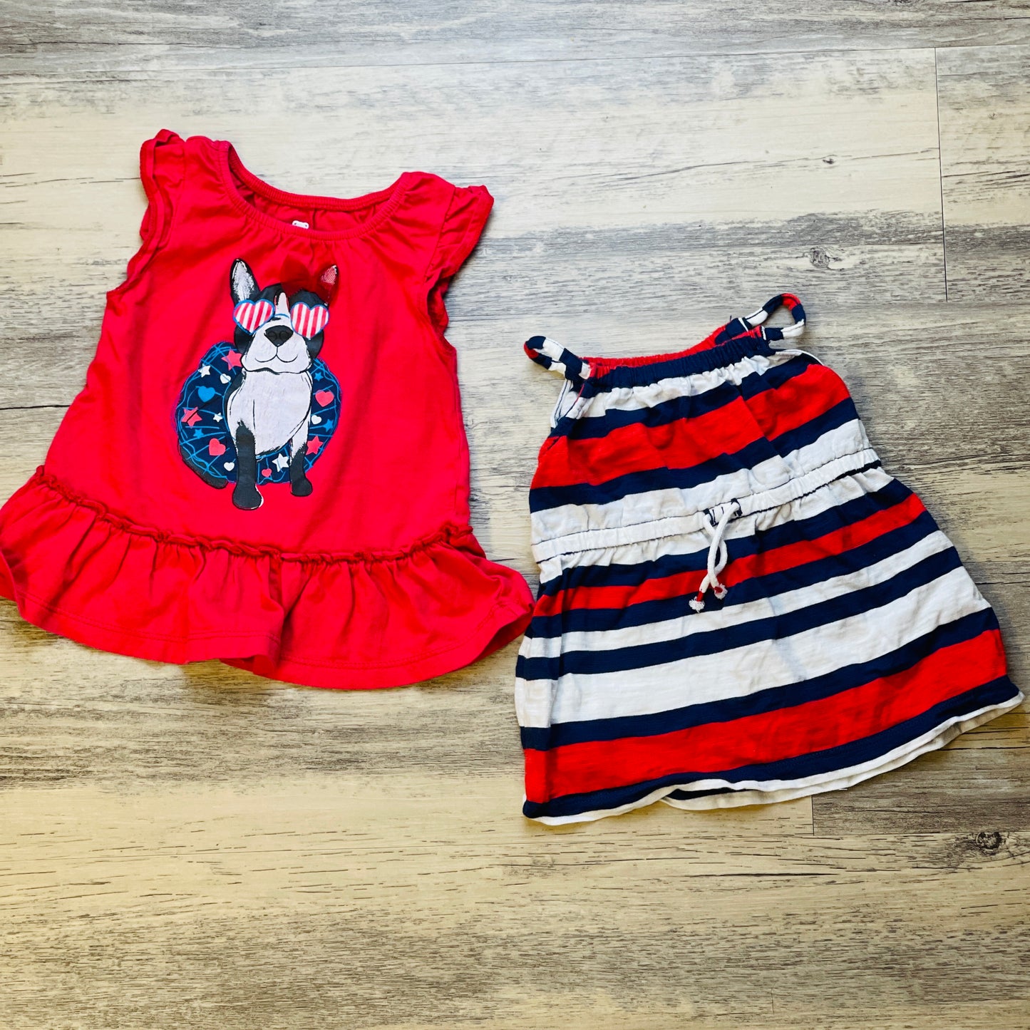 French Bulldog and Patriotic Stripe Tops - 6 Months