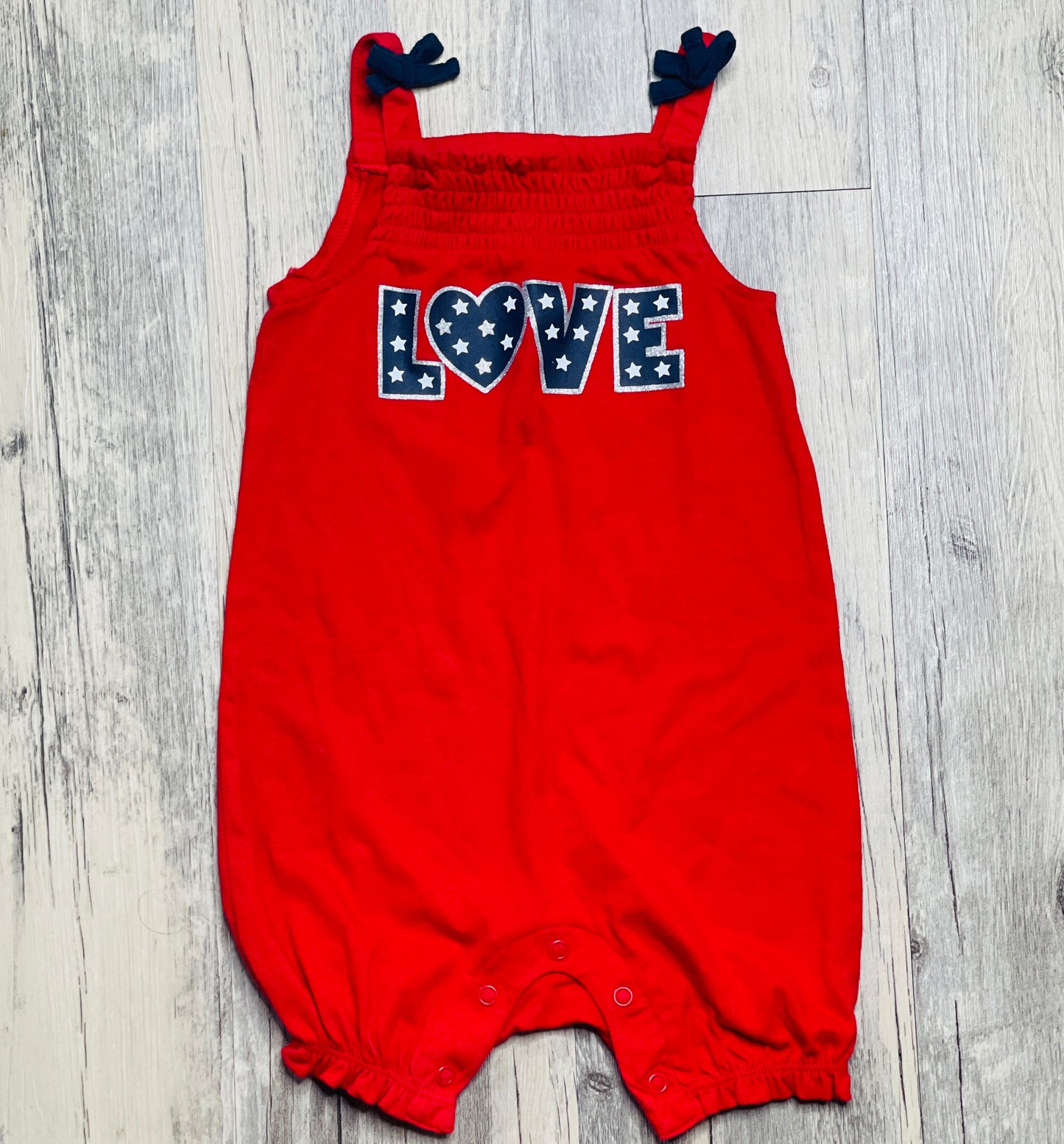 "Love" USA Patriotic Ruched Ruffle Romper - 12 Months