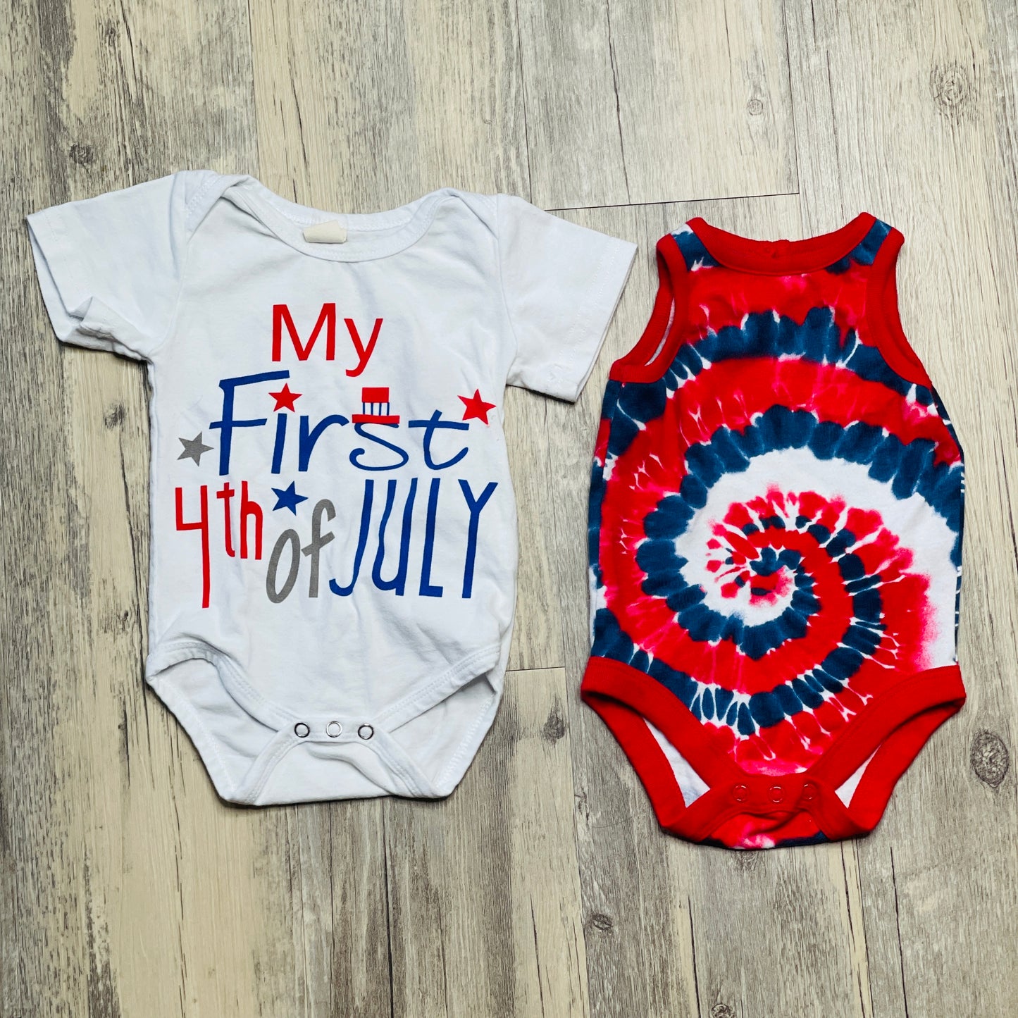"My First 4th of July" and Patriotic Tie Dye Onesie Set - 0/3 Months