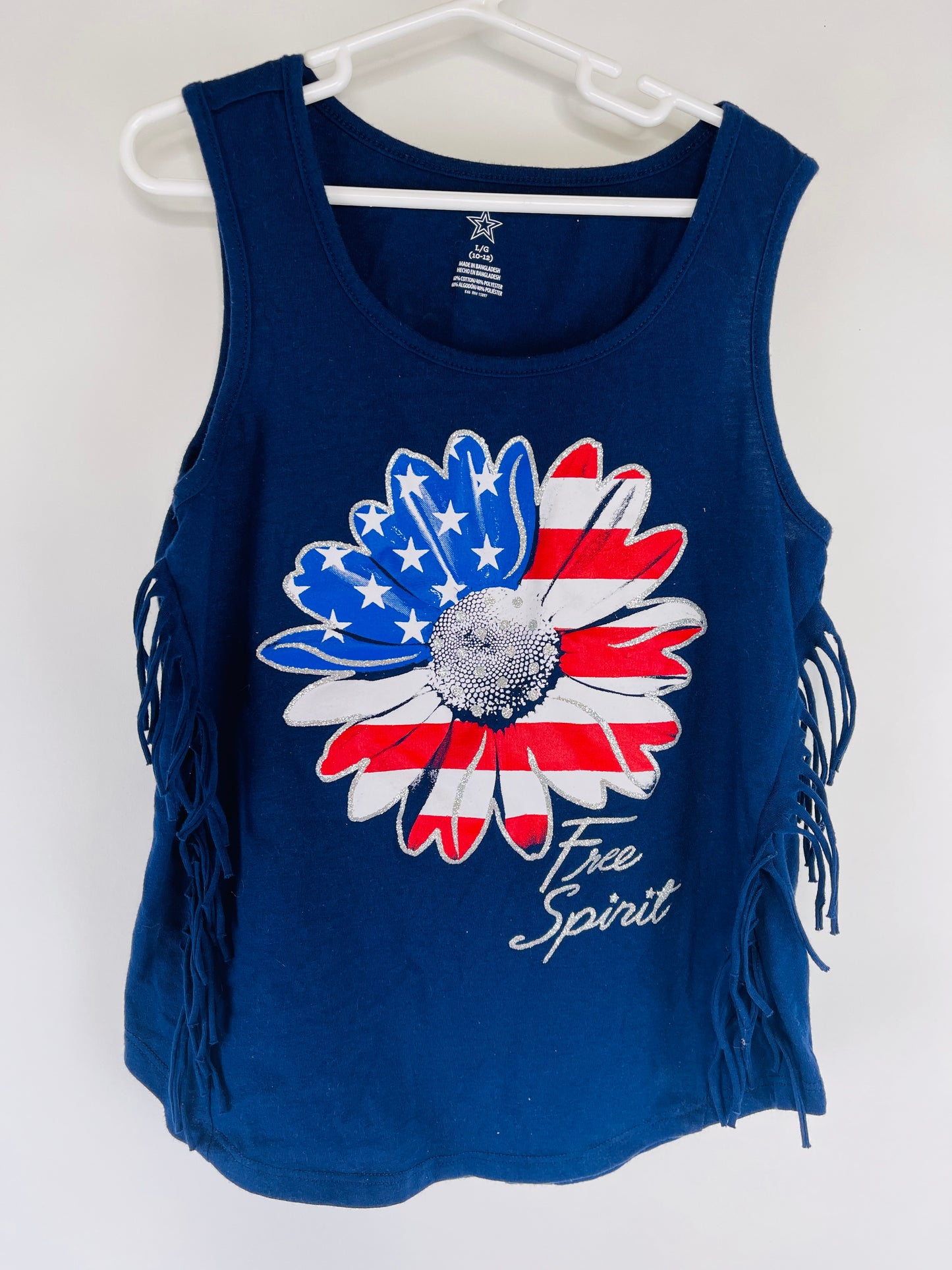 "Free Spirit" Patriotic Sunflower Fringed Tank - Youth L (10-12)