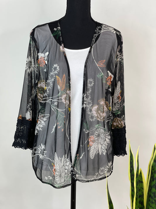 3/4 Sleeve Lace Detail Floral Sheer Duster