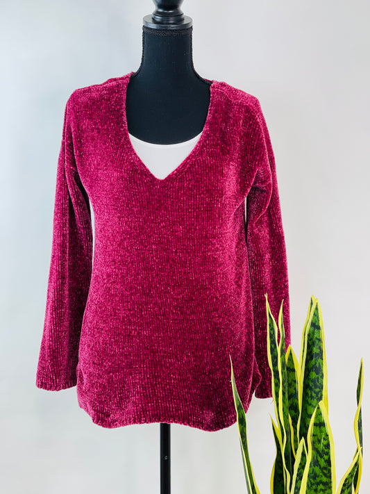 Plush Velour Cross Back Raspberry Sweater