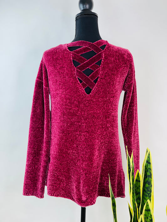 Plush Velour Cross Back Raspberry Sweater