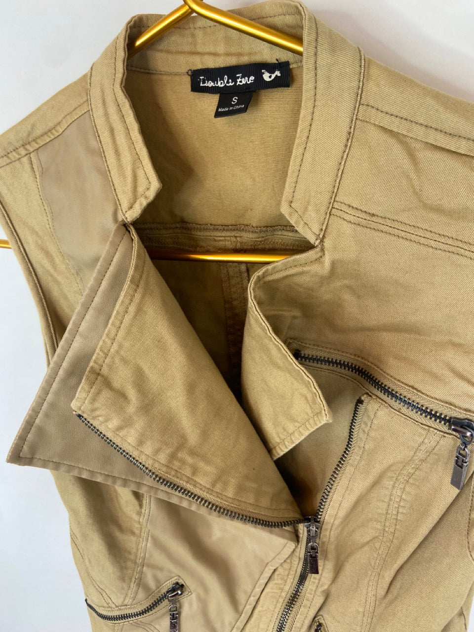 Khaki Vest with Faux Leather Detail- S
