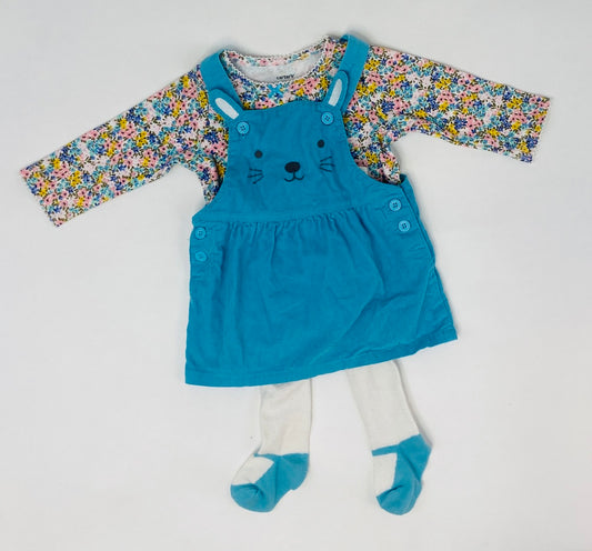 Blue Bunny Overall Dress Three Piece Outfit- 6 Months