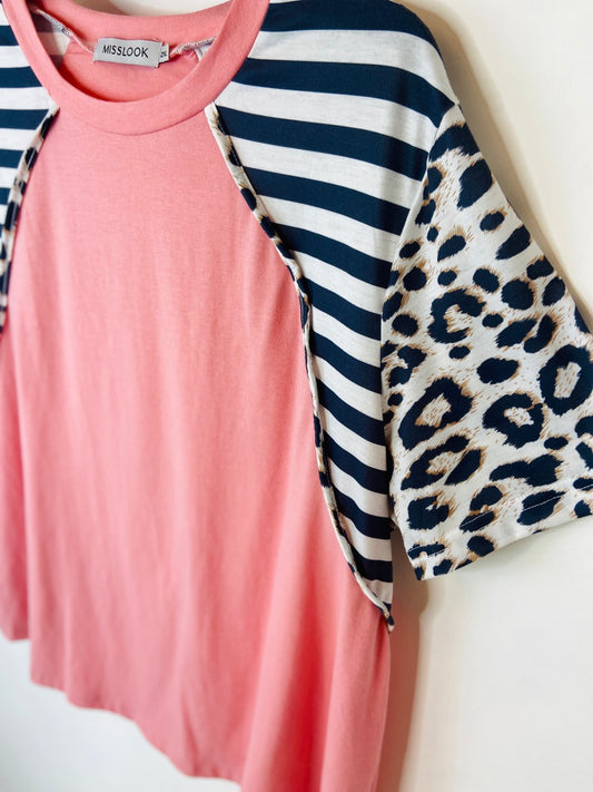 Pink Leopard and Striped T-shirt- 2X (fits like L)