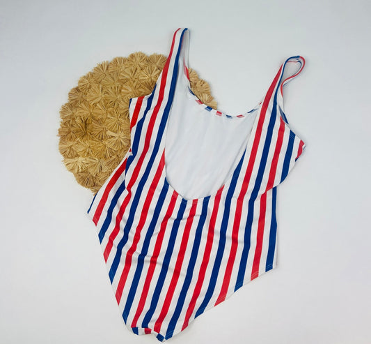 Red, White and Blue Striped One-Piece Swimsuit- L