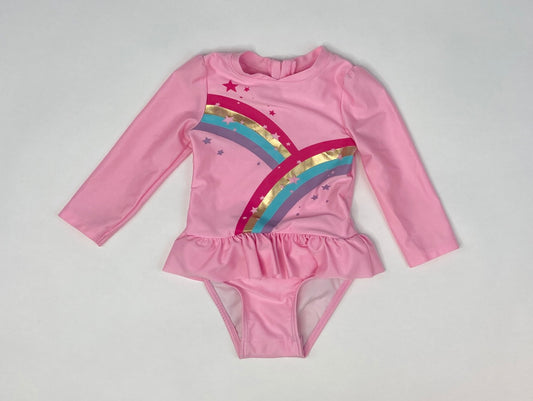 Pink Rainbows Zipper Back Long Sleeve Swimsuit with Diaper Snaps- 18 Months