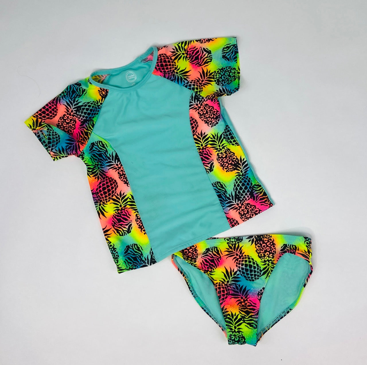 Tropical Pineapple T-shirt Top Two Piece Swimsuit- Youth L (10/12)