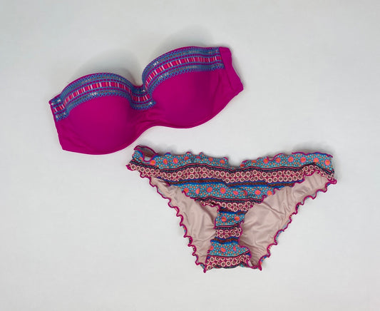 Shade & Shore Pink Sequin Bikini Top and Multicolored Cheeky Bottom- Top- 38C Bottoms- L