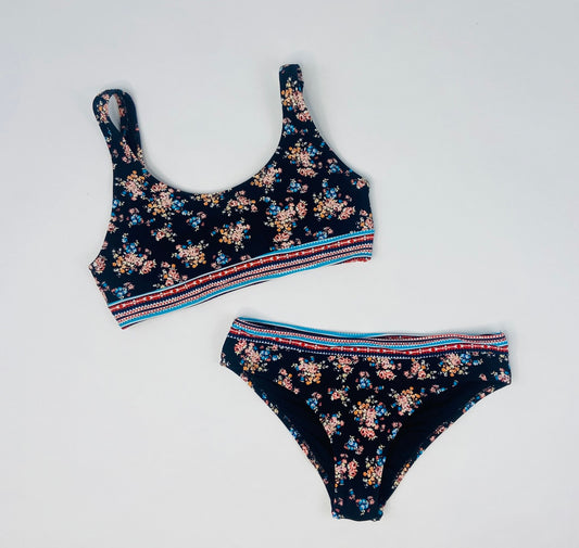 Navy Blue Floral Two Piece Swimsuit- S