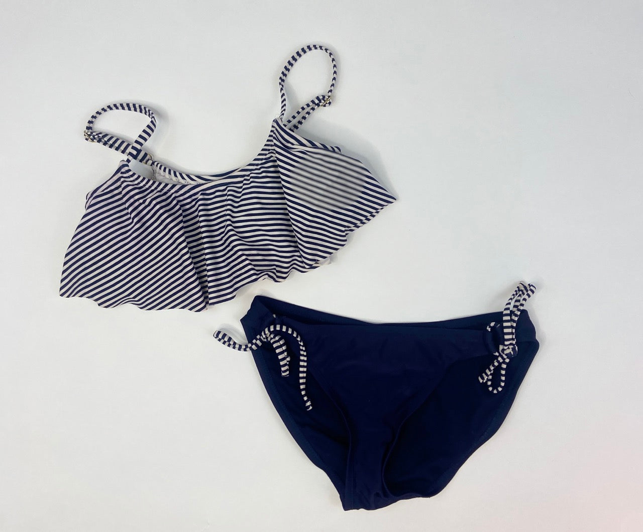 Navy and White Two Piece Ruffle Top Bikini Swimsuit- Top- S Bottom-M