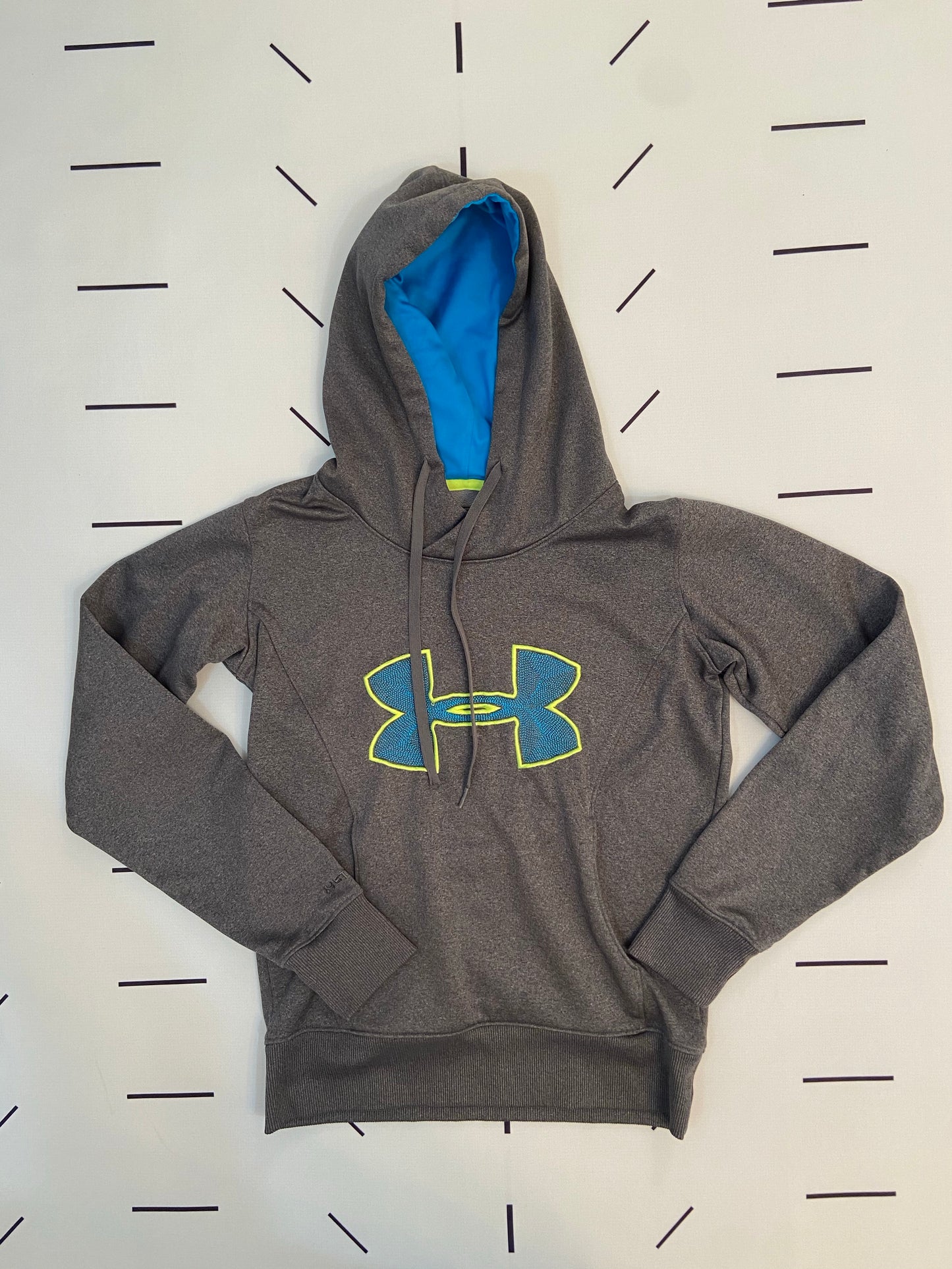 Gray, Highlighter and Blue Hooded Sweatshirt Semi-fitted- XS