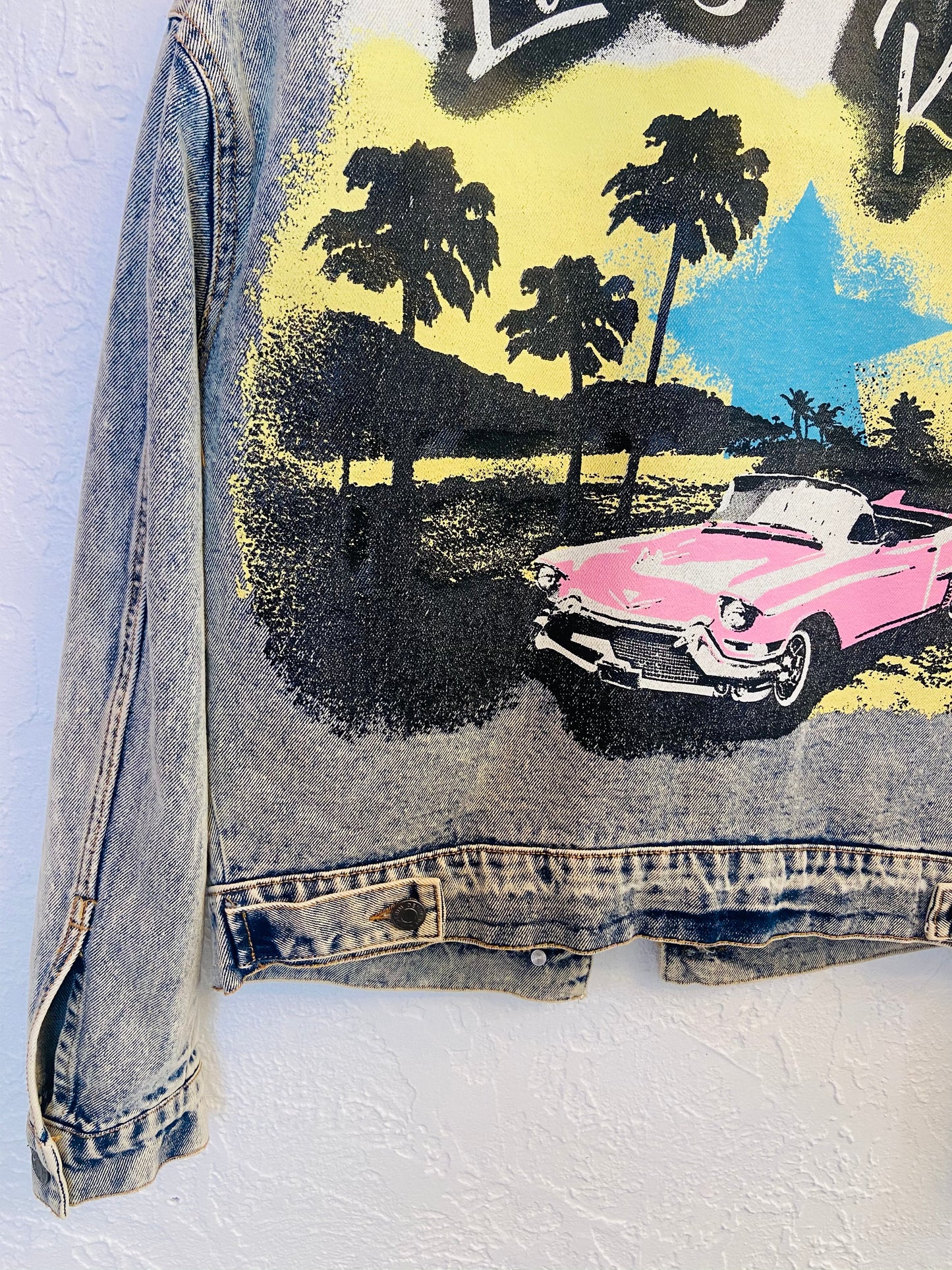 Lucky Road Pink Cadillac Acid Wash Blue Denim Graphic Jean Jacket- S