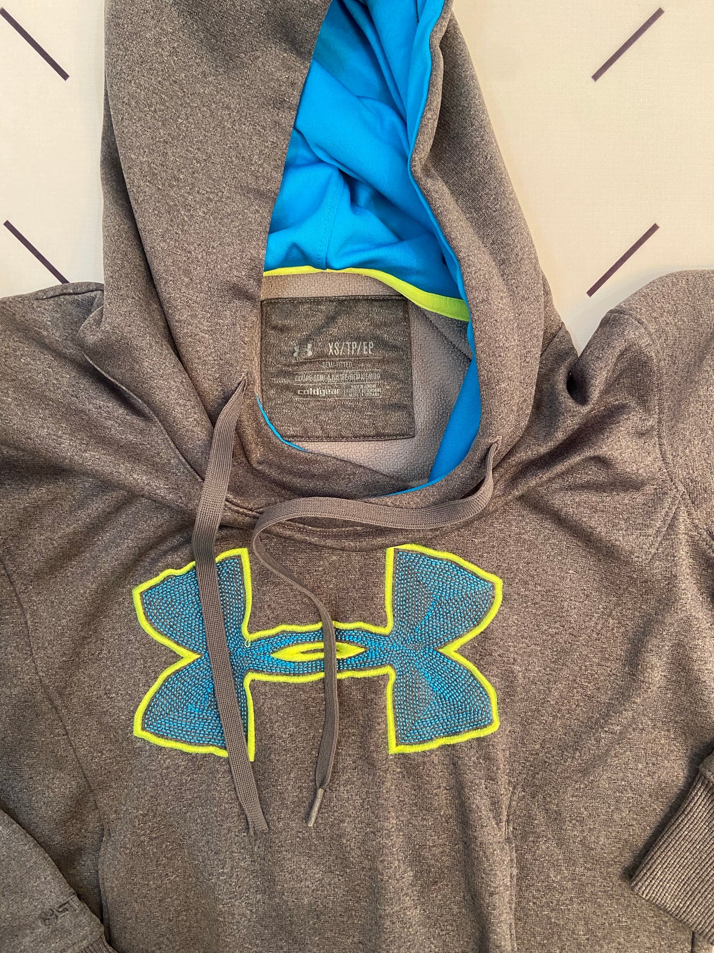 Gray, Highlighter and Blue Hooded Sweatshirt Semi-fitted- XS