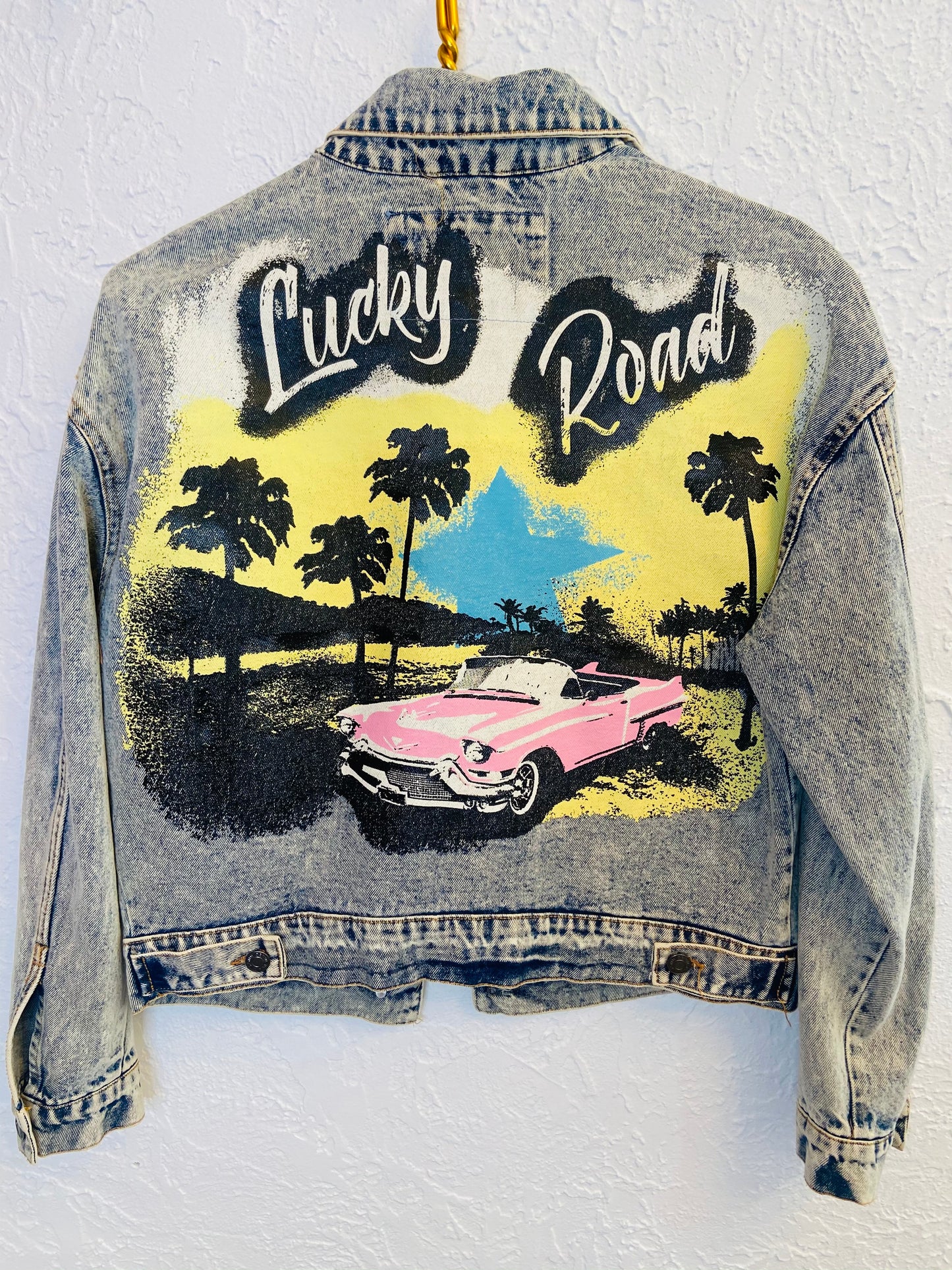 Lucky Road Pink Cadillac Acid Wash Blue Denim Graphic Jean Jacket- S